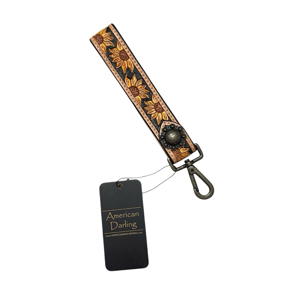American Darling ADWSF102 Sunflower Tooled Genuine Leather Keychain Wristlet New